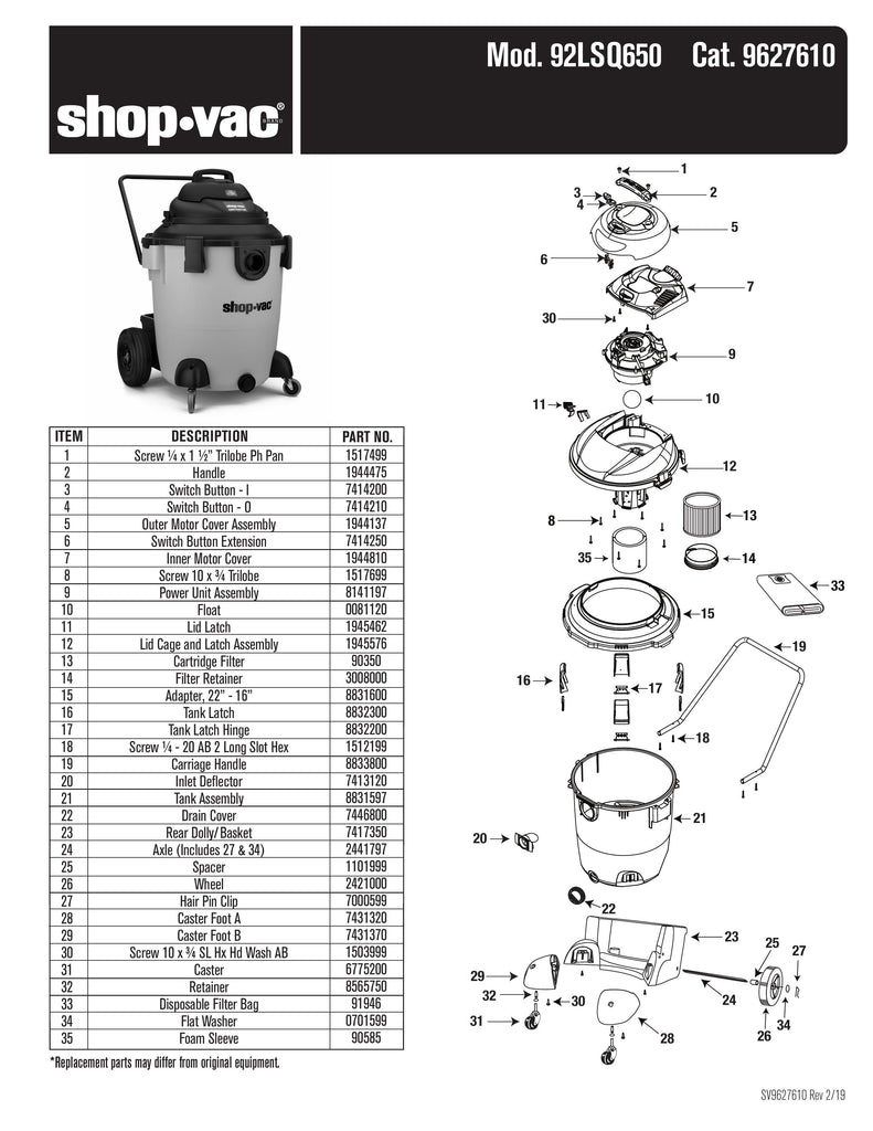 Shop-Vac Parts List for 92LSQ650 Models (Shop-Vac 32 Gallon* 6.5 Peak HP** SVX2 Powered Contractor Heavy-Duty Wet/Dry Vac)