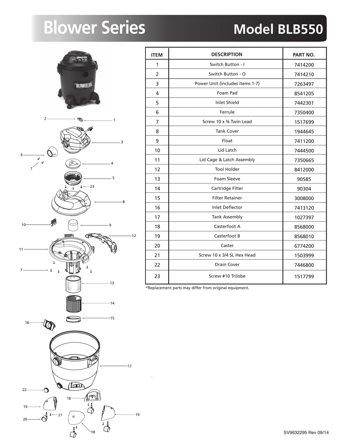 ShopVac Parts List for BLB550 Models (12 Gallon* Green / Black Blower ShopVac Store