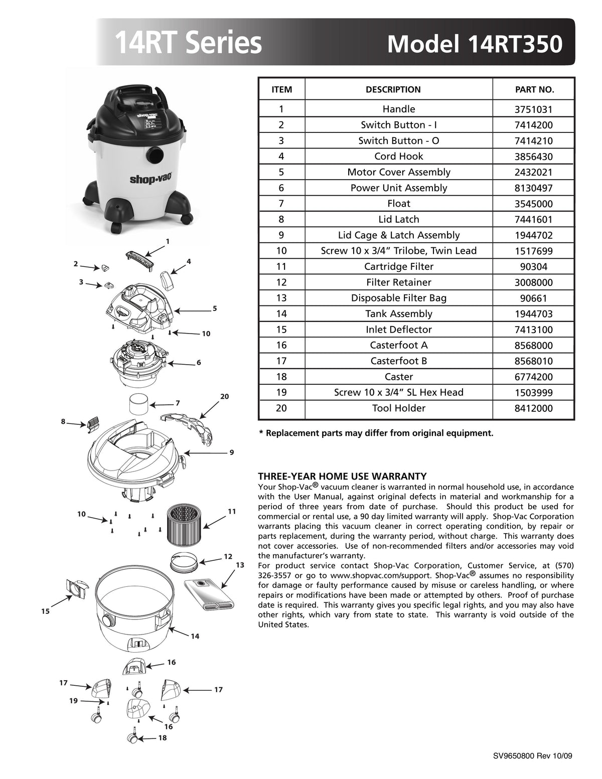 ShopVac Parts List for 14RT350 Models (8 Gallon* Yellow / Black Vac