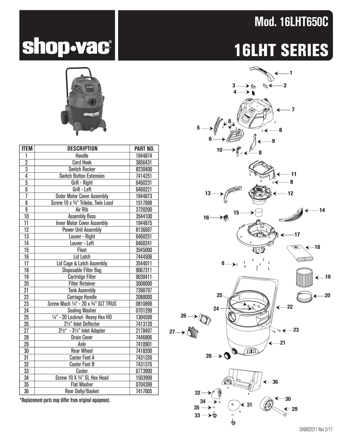 ShopVac Parts List for 16LHT650C Models (20 Gallon* Blue / Gray Vac