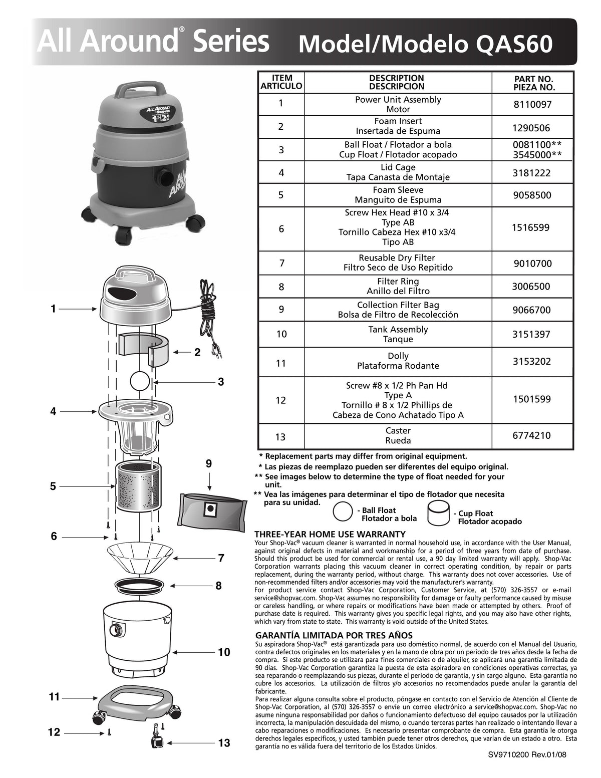 Shop-Vac Parts List for QAS60 Models (1.5 Gallon* Green