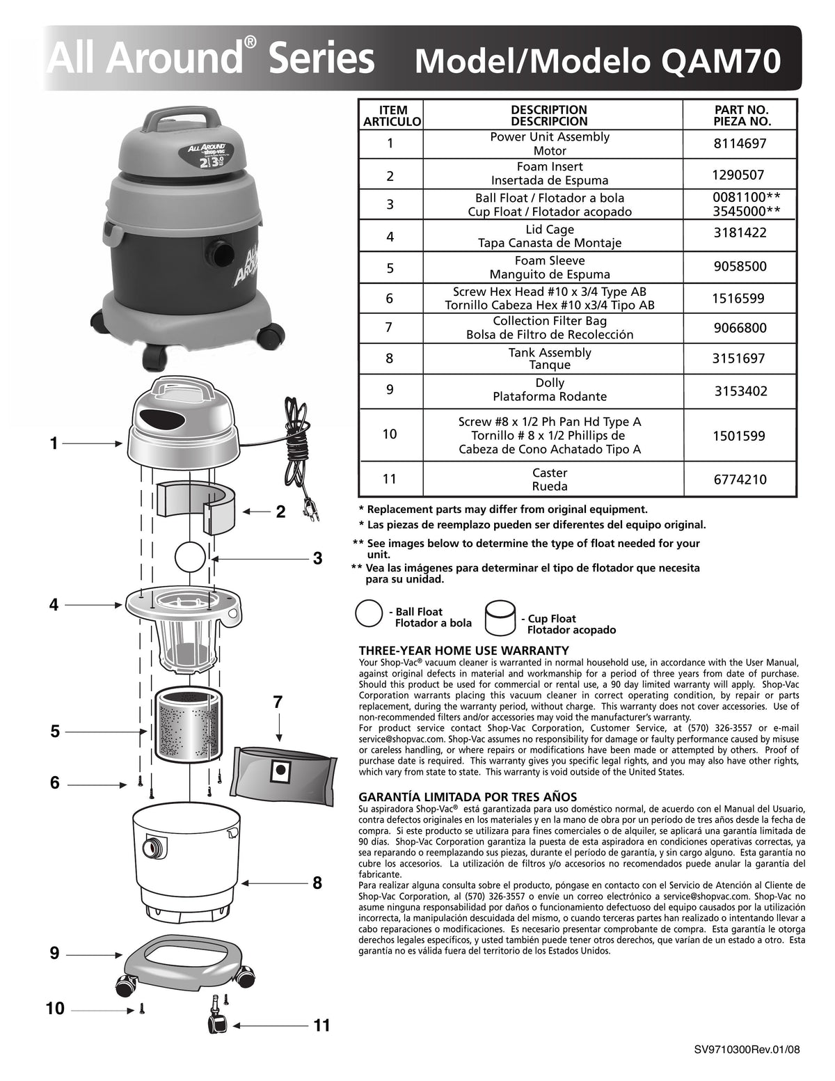 ShopVac Parts List for QAM70 Models (2 Gallon* Burgundy / Gray AllAro