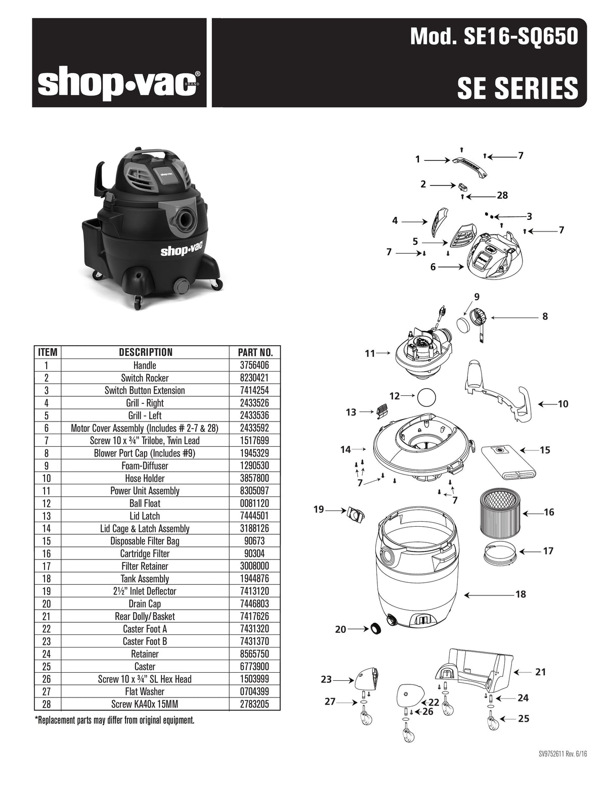 ShopVac Parts List for SE16SQ650 Models (16 Gallon* Black / Red Vac