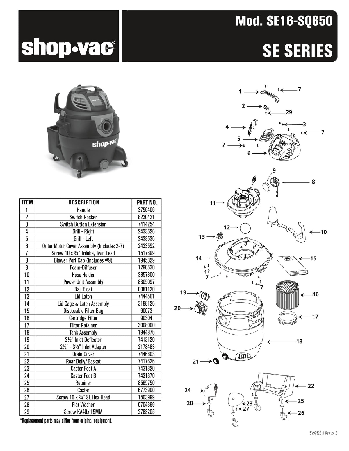 Shop-Vac Parts List for SE16-SQ650 Models (16 Gallon* Black / Red