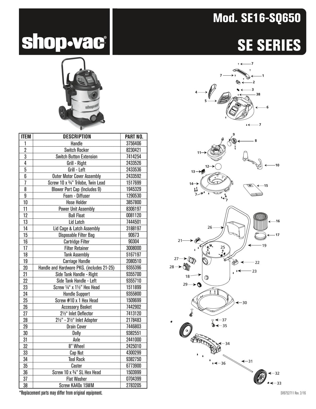 ShopVac Parts List for SE16SQ650 Models (16 Gallon* Black / Red Stai