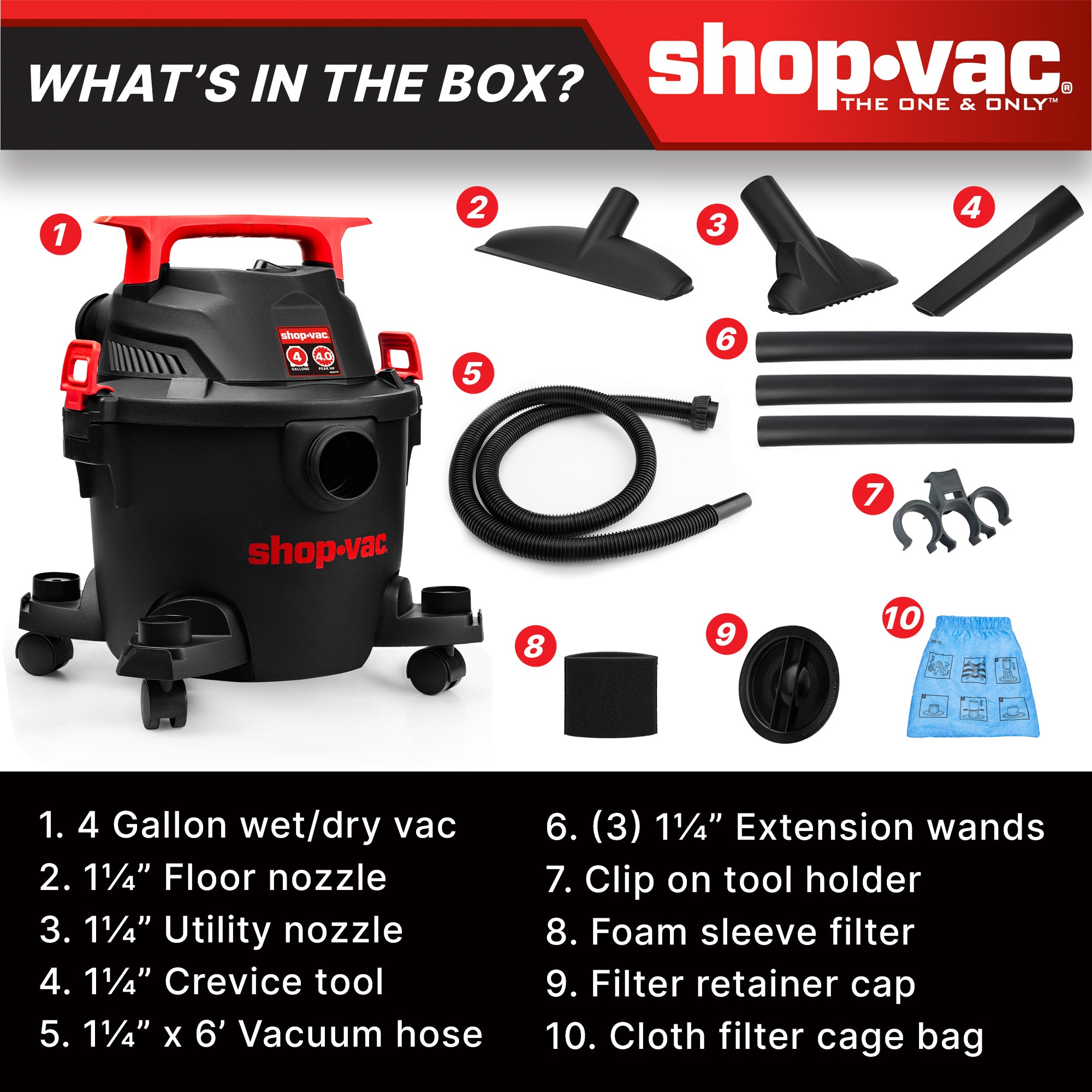 Wet Dry Vac, 5.3 Gallon, 1.6 Peak HP Shop Vacuum, 4-in-1 Wet/Dry