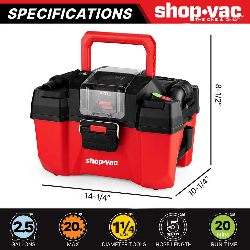 Shop-Vac 20V 2.5 Gallon Cordless Wet/Dry Vacuum