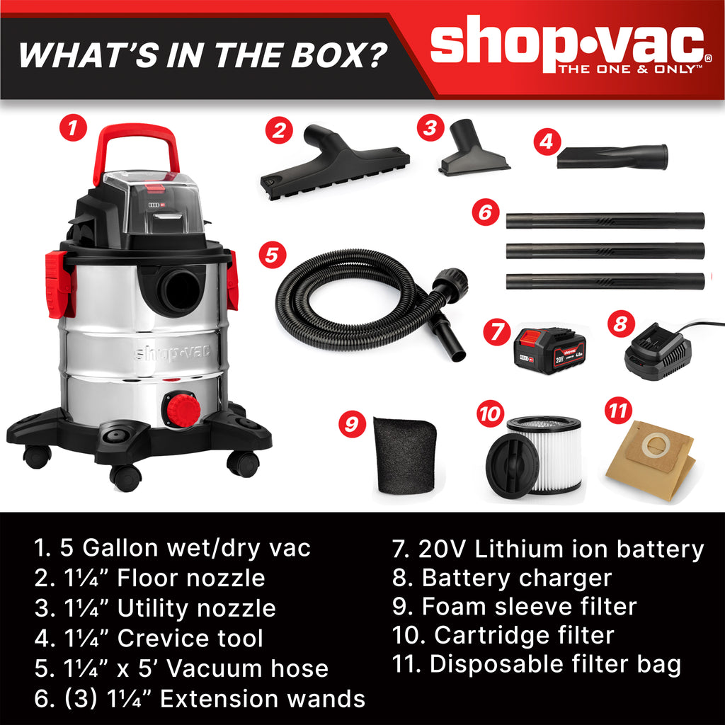 Shop-Vac® 5 Gallon 4.7 Peak HP Stainless Steel Cordless Wet/Dry Vacuum