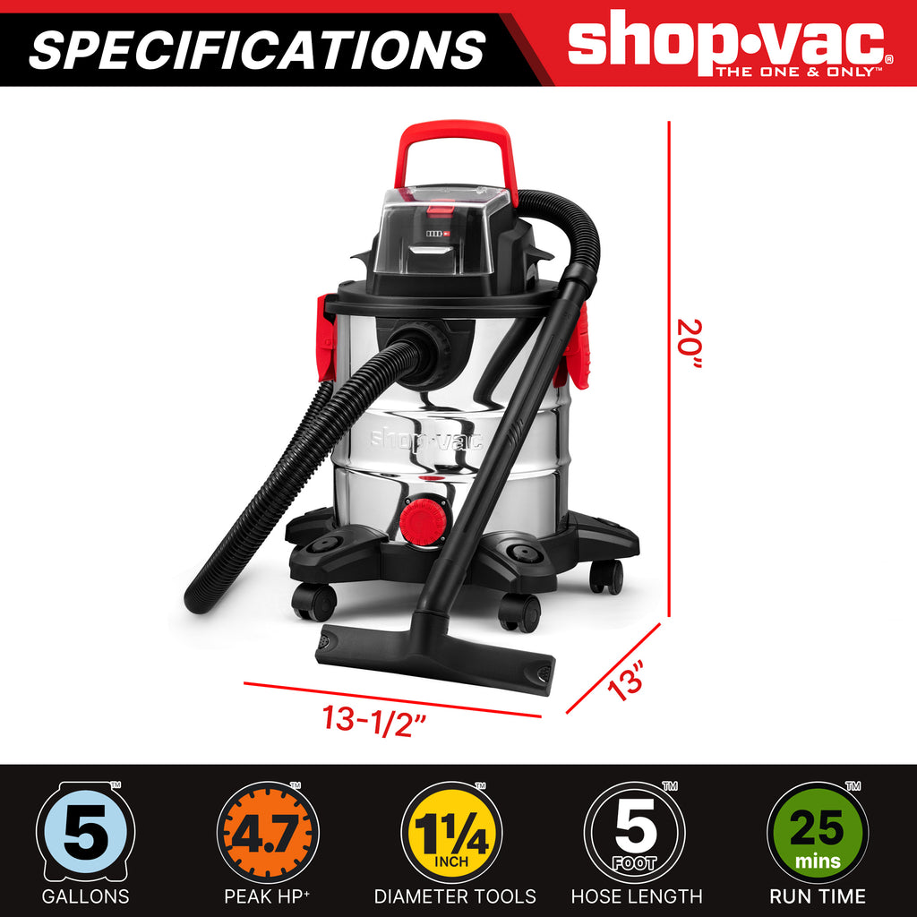Shop-Vac® 5 Gallon 4.7 Peak HP Stainless Steel Cordless Wet/Dry Vacuum