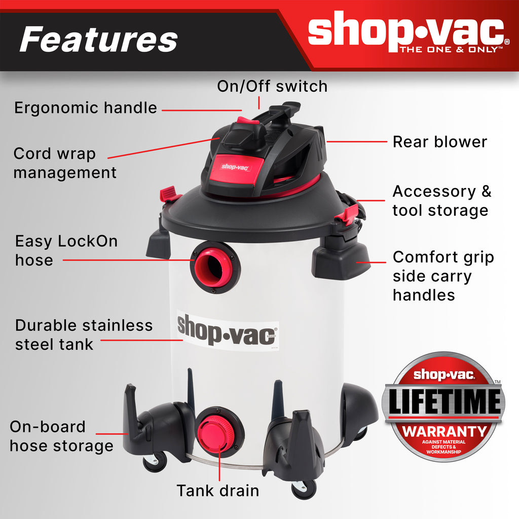 The Shop-Vac® 12 Gallon* 6.0 Peak HP** Stainless Steel Wet/Dry Vacuum