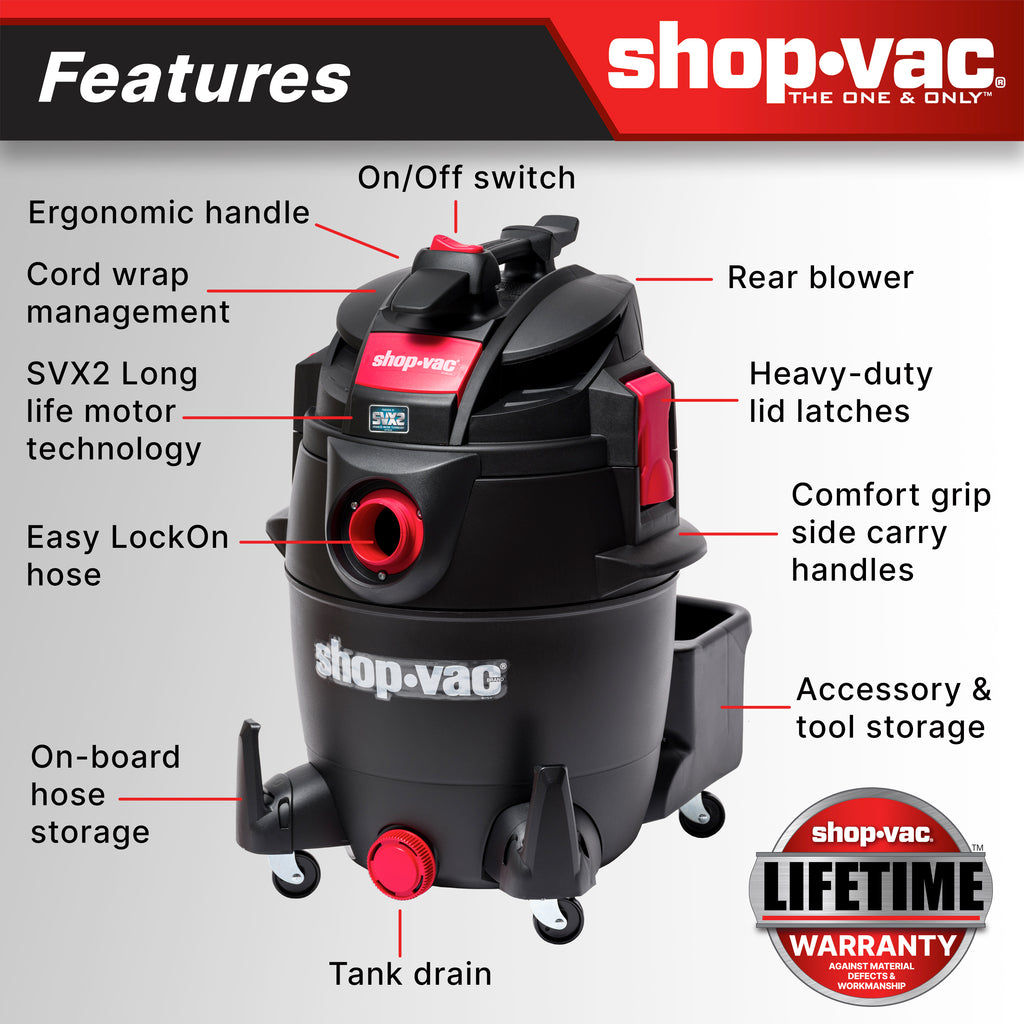 The Shop-Vac® 14 Gallon* 5.5 Peak HP** Wet/Dry Vacuum features the SVX2 Motor Technology