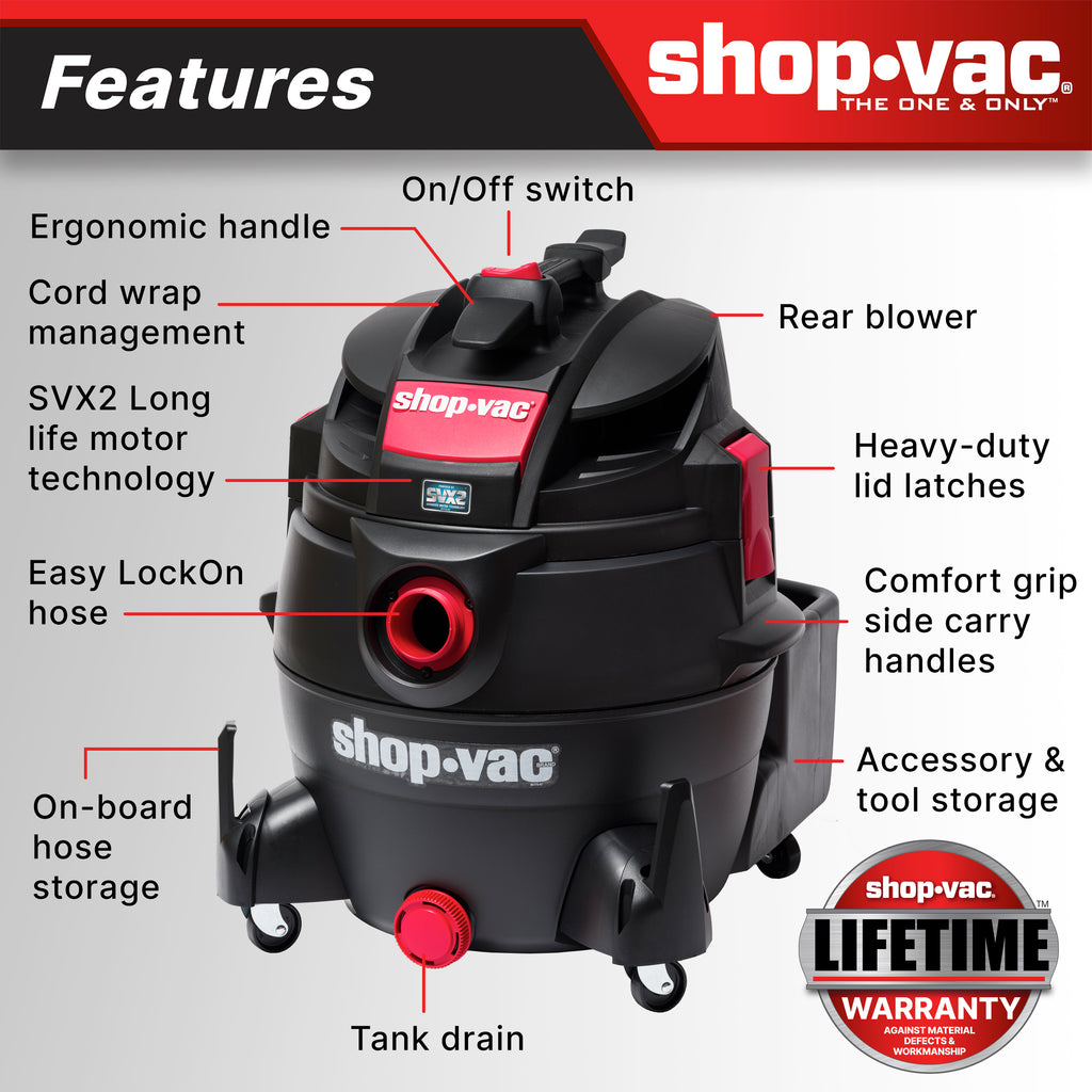 The Shop-Vac® 16 Gallon* 6.5 Peak HP** Wet/Dry Vacuum features the SVX2 Motor Technology