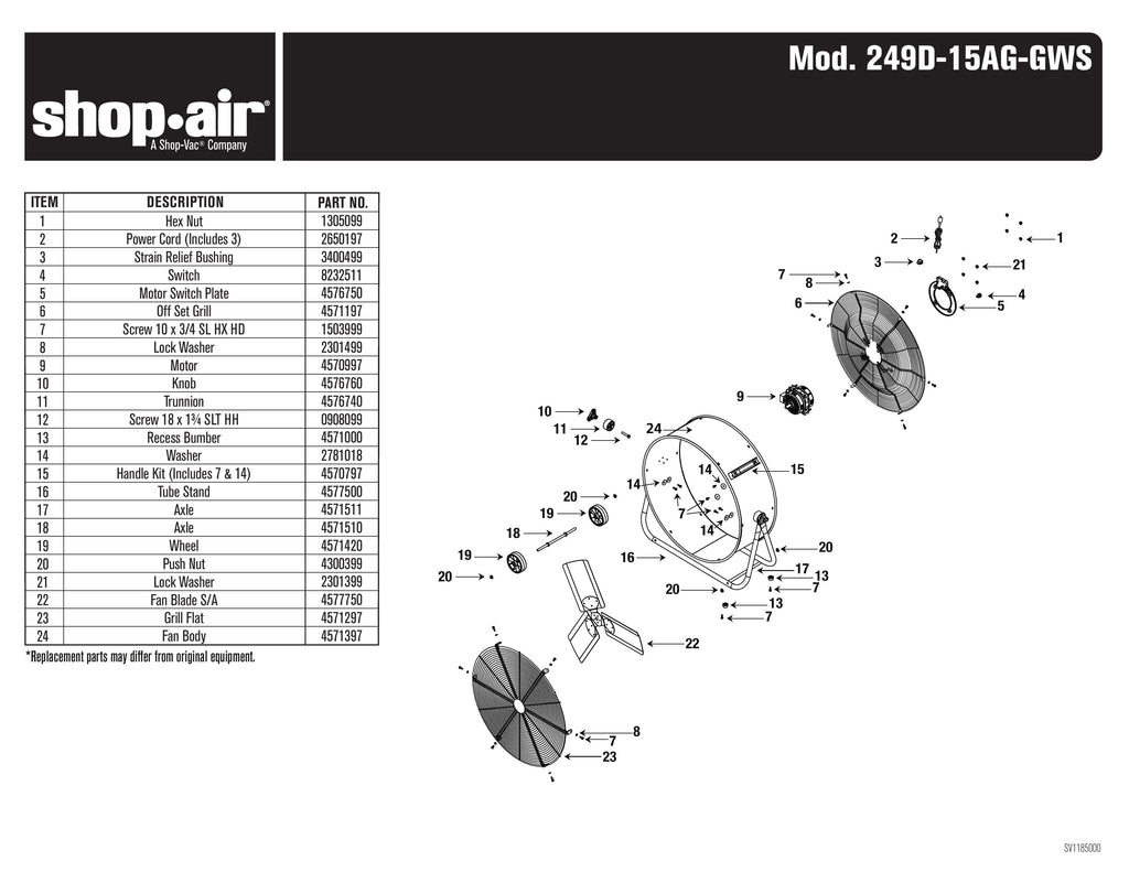 Shop-Vac Parts List for 249D-15AG- Models (Shop-Air 24 Inch Direct Drive Galvanized Slim Line Drum Fan)
