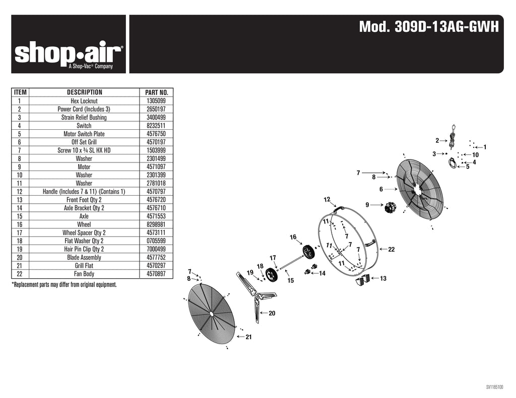 Shop-Vac Parts List for 309D-13AG- Models (Shop-Air 30 Inch Direct Drive Galvanized Slim Line Drum Fan)