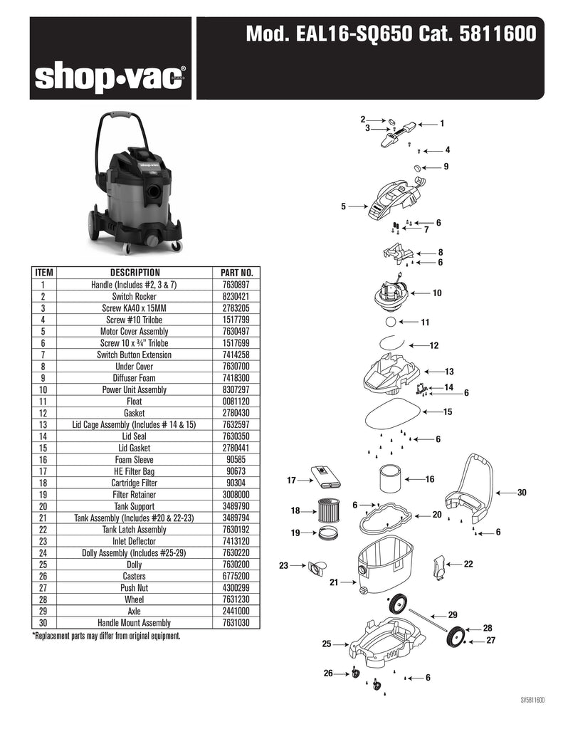 Shop-Vac Parts List for EAL16-SQ65 Models (Shop-Vac 16 Gallon* 6.5 Peak HP** Wet/Dry Utility Vacuum with SVX2 Motor Technology)