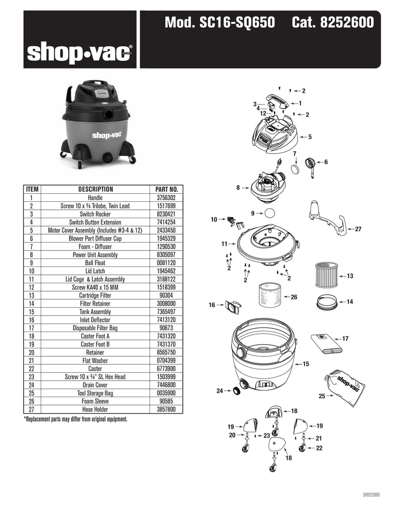 Shop-Vac Parts List for SC16-SQ650 Models (Shop-Vac 16 Gallon* 6.5 Peak HP** Wet/Dry Utility Vacuum with SVX2 Motor Technology)