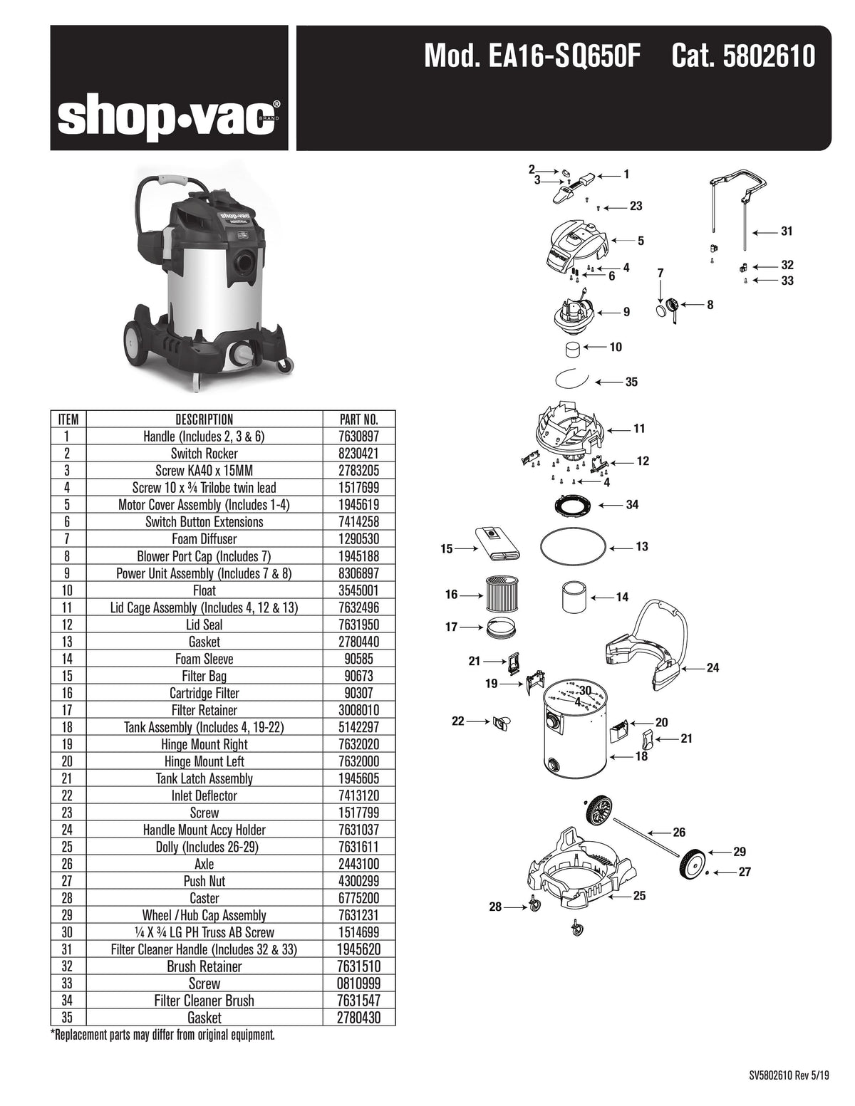 ShopVac Parts List for EA16SQ650 Models Eagle Eye 16 Gallo