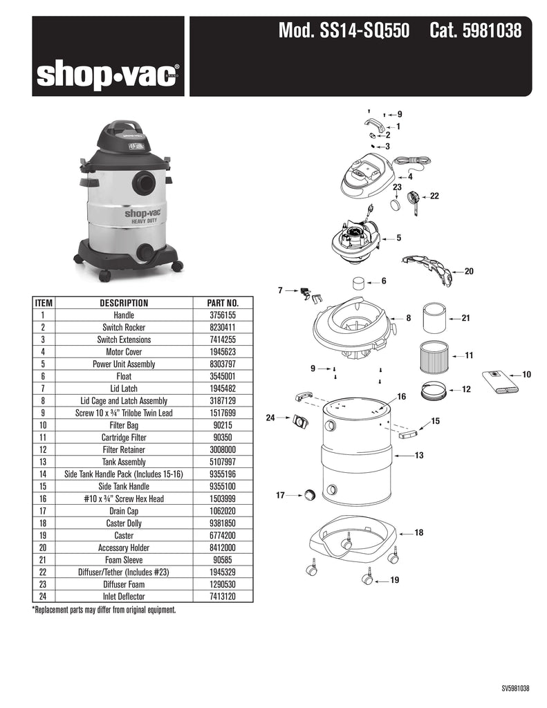 Shop-Vac Parts List for SS14-SQ550 Models (Shop-Vac 10 Gallon* 5.5 Peak HP** Wet/Dry Vacuum with SVX2 Motor Technology)