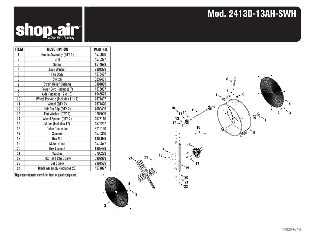 Shop-Vac Parts List for 2413D-13AH Models (Shop-Air 24 Inch Direct Drive Stainless Steel Drum Fan)