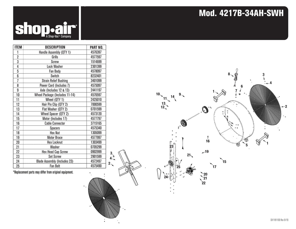 Shop-Vac Parts List for 4217B-34AH Models (Shop-Air 42 Inch Belt Drive Stainless Steel Drum Fan)