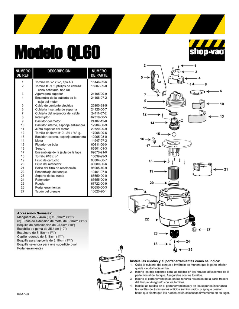 Shop-Vac Parts List for QL60BIC Models (8 Gallon* Yellow / Black Industrial Vac)