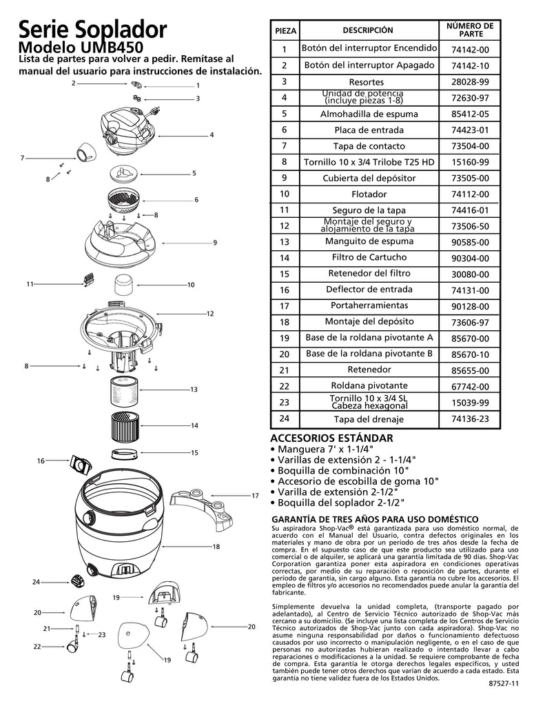 Shop-Vac Parts List for UMB450 Models (12 Gallon* Blower Vac)