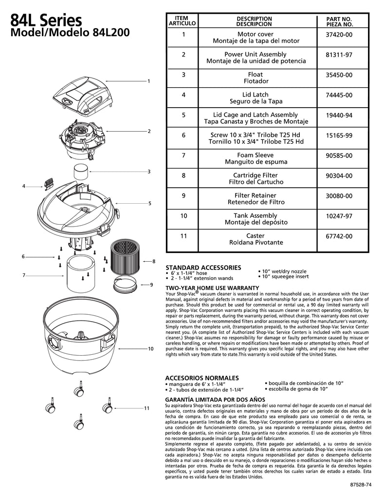 Shop-Vac Parts List for 84L200 Models (8 Gallon* Burgundy / Black Vac)