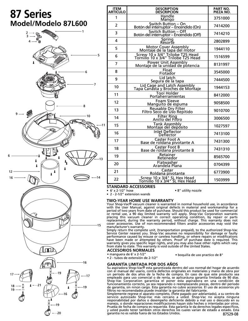 Shop-Vac Parts List for 87L600 Models (16 Gallon* Gray / Black Vac)
