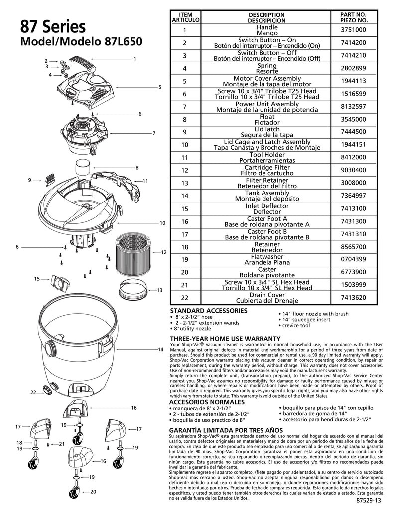 Shop-Vac Parts List for 87L650 Models (20 Gallon* Gray / Black Vac)