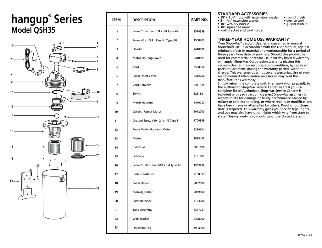 Shop-Vac Parts List for QSH35 Models (3.5 Gallon* HangUp® Vac)