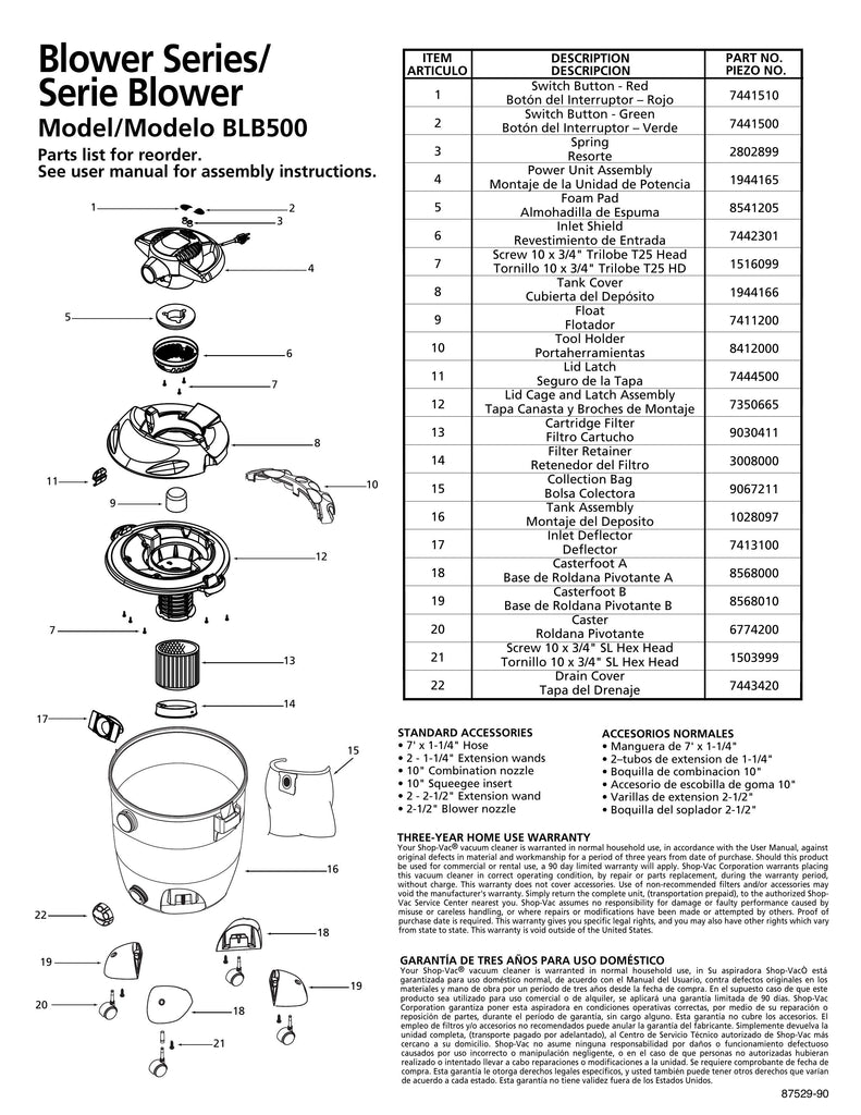 Shop-Vac Parts List for BLB500 Models (12 Gallon* Blue / Black Blower Vac)