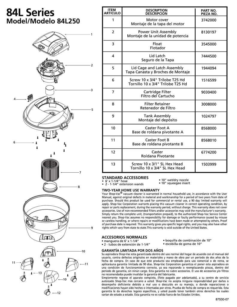 Shop-Vac Parts List for 84L250 Models (8 Gallon* Burgundy / Black Vac)