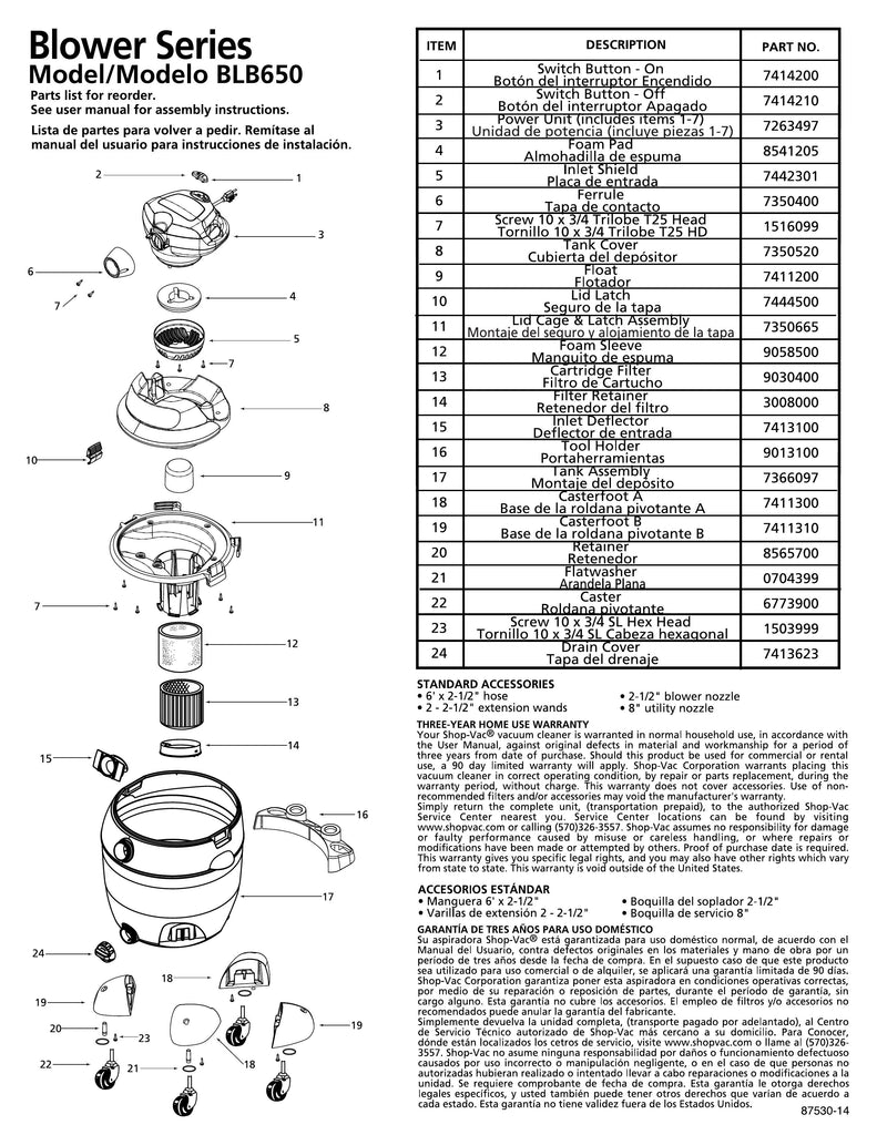 Shop-Vac Parts List for BLB650 Models (16 Gallon* Green / Black Blower Vac)