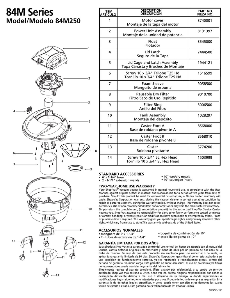 Shop-Vac Parts List for 84M250 Models (6 Gallon* Red / Black Vac w/Four Caster Feet & Casters)
