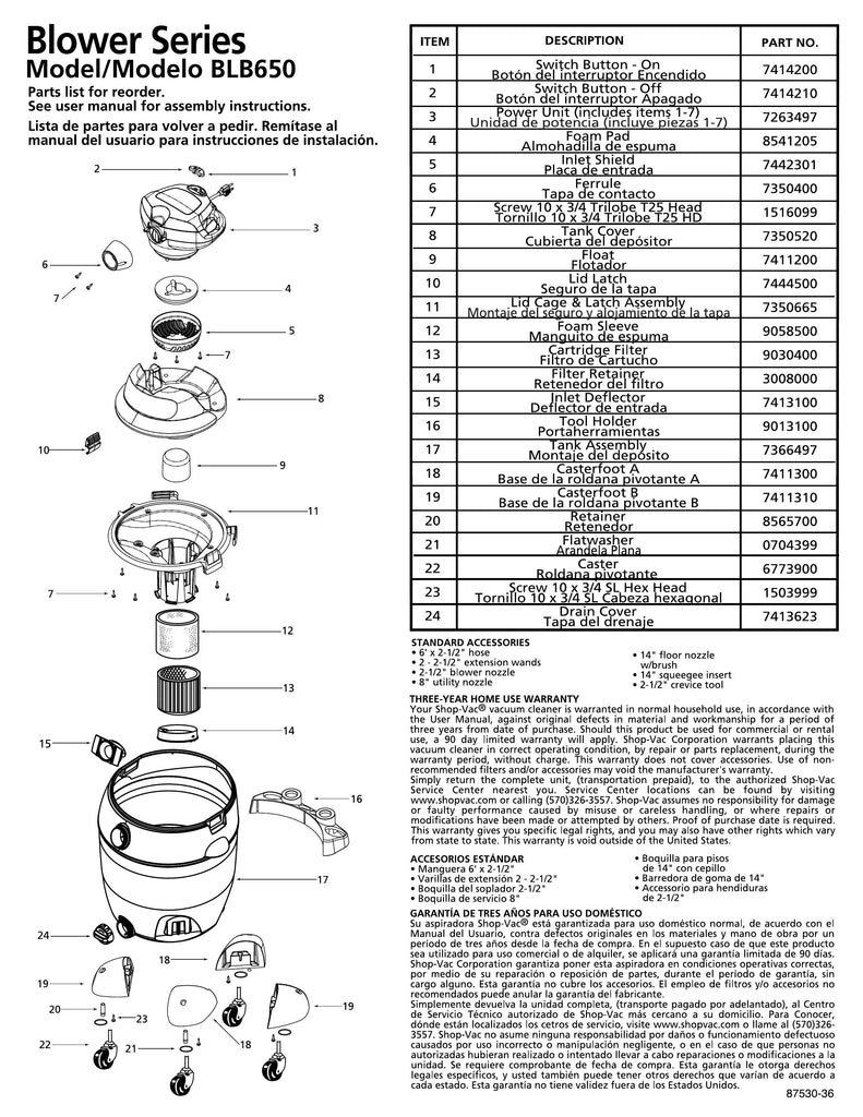 Shop-Vac Parts List for BLB650 Models (20 Gallon* Green / Black Blower Vac)