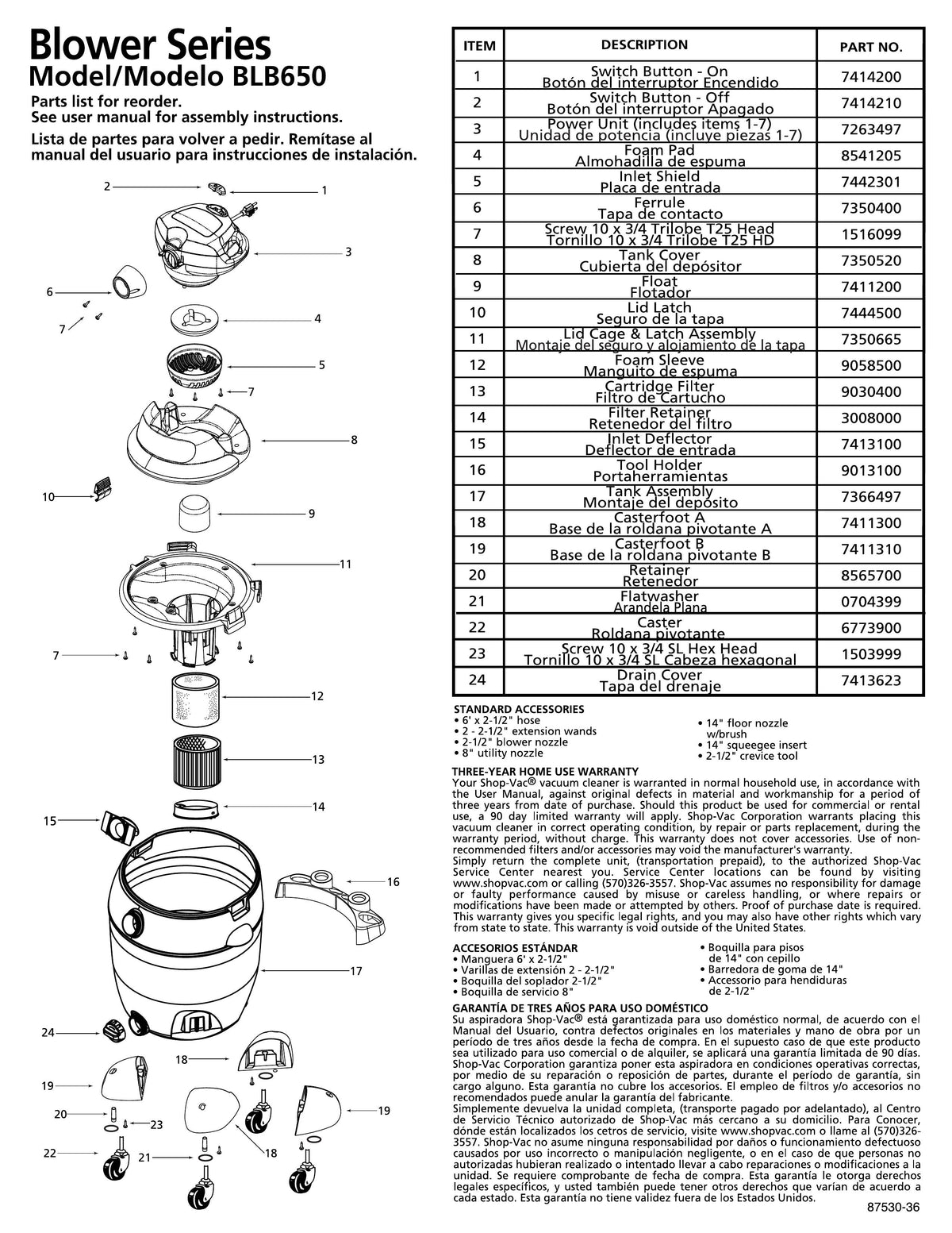 ShopVac Parts List for BLB650 Models (20 Gallon* Green / Black Blower