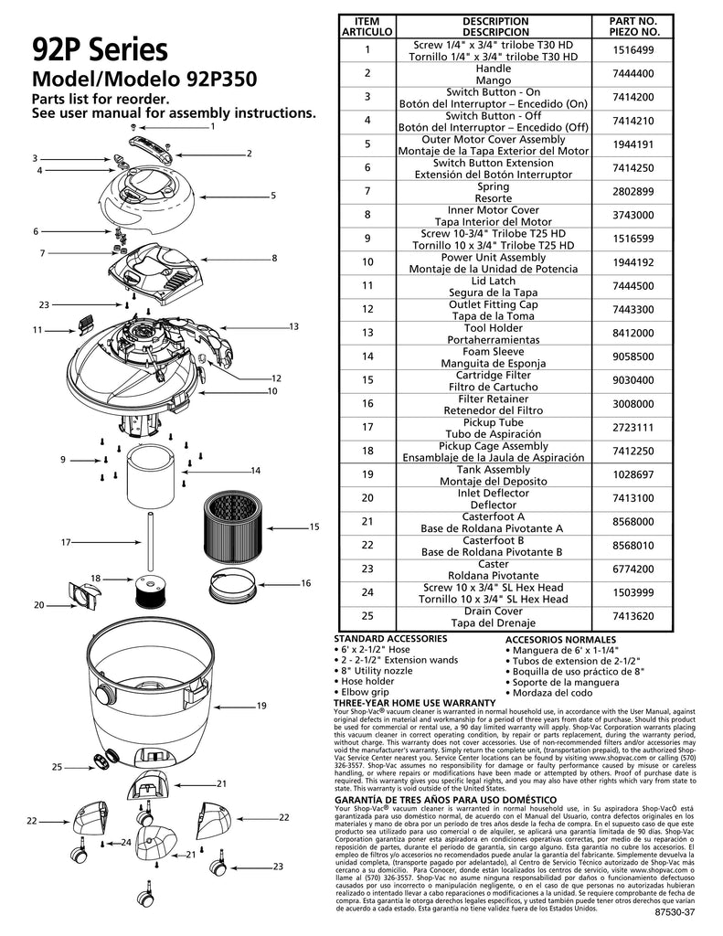 Shop-Vac Parts List for 92P350 Models (10 Gallon* Red / Black Pump Vac w/ Four Caster Feet)