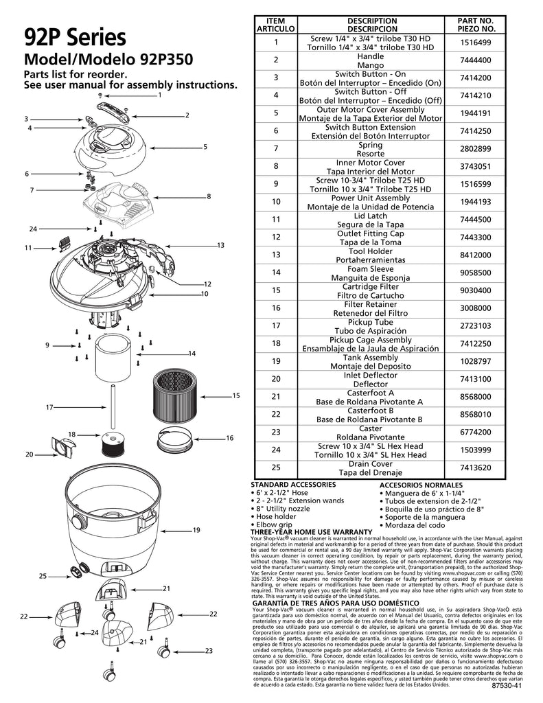 Shop-Vac Parts List for 92P350 Models (12 Gallon* Red / Black Pump Vac w/ Four Caster Feet)