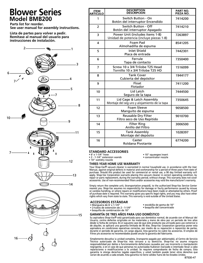 Shop-Vac Parts List for BMB200 Models (6 Gallon* Green / Black Blower Vac)