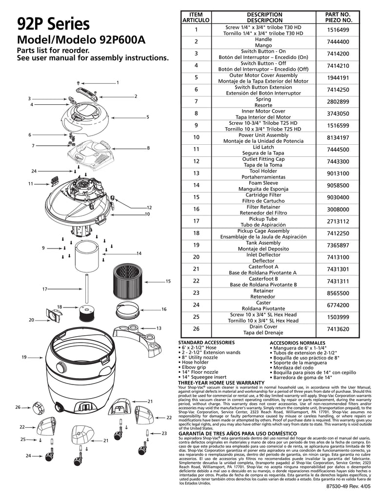 Shop-Vac Parts List for 92P600A Models (16 Gallon* Red / Black Pump Vac)