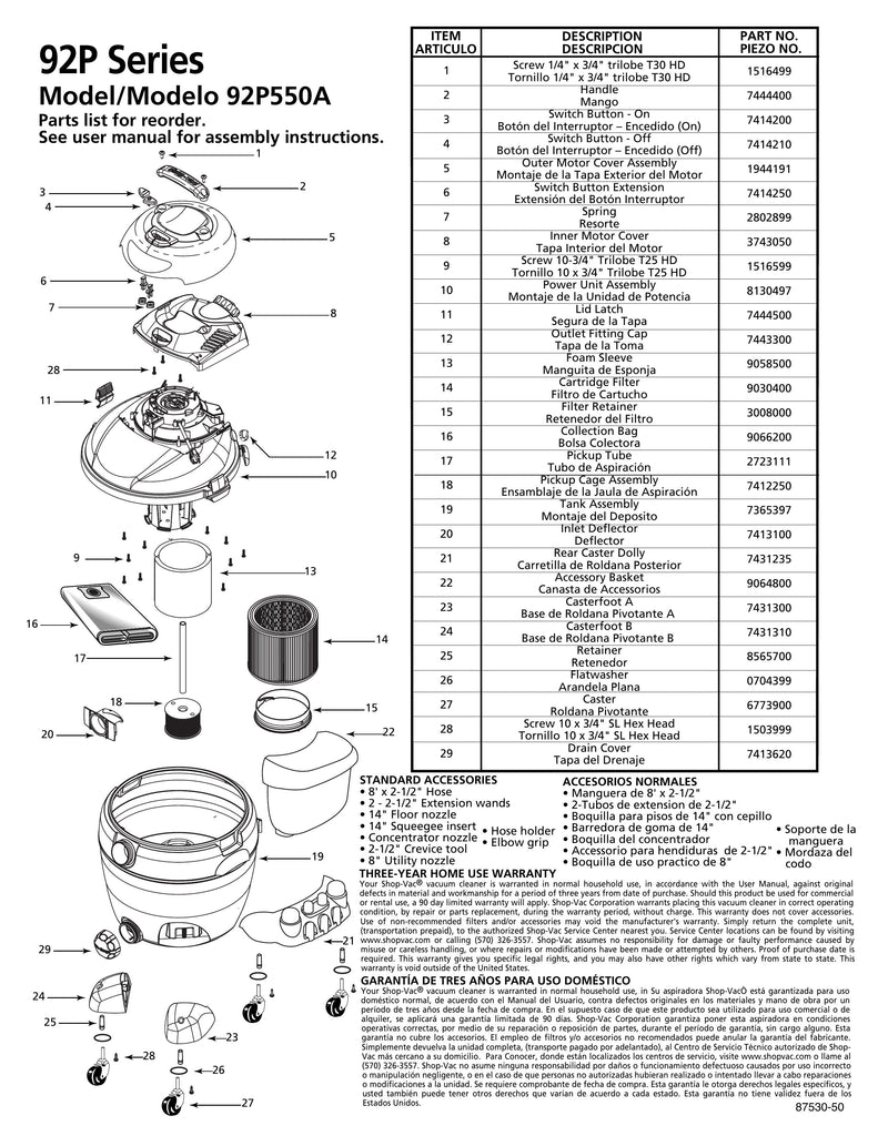 Shop-Vac Parts List for 92P550A Models (14 Gallon* Grey / Black Vac)