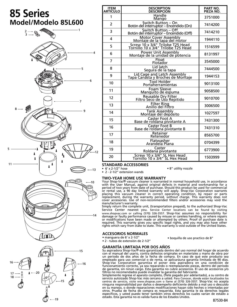 Shop-Vac Parts List for 85L600 Models (16 Gallon* Gray / Black Vac)
