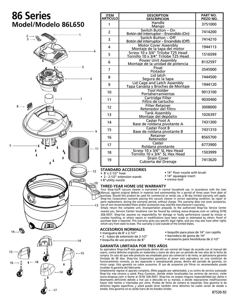 Shop-Vac Parts List for 86L500 Models (16 Gallon* Gray / Black Vac)