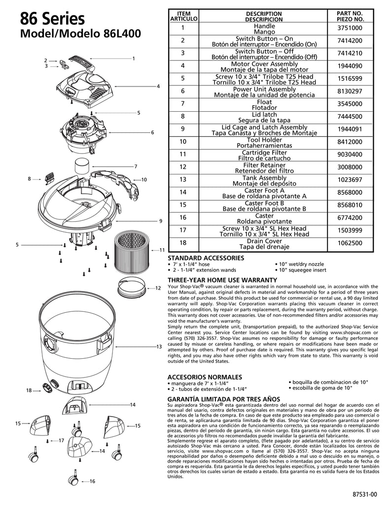 Shop-Vac Parts List for 86L400 Models (12 Gallon* Gray / Black Vac ...