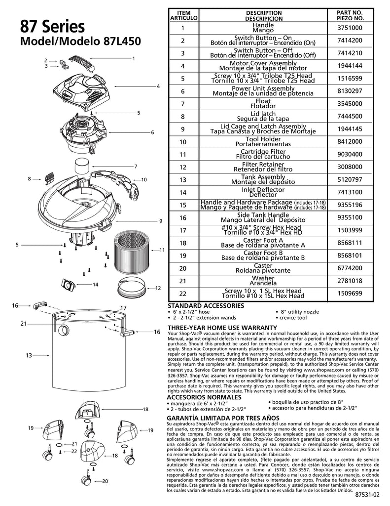 Shop-Vac Parts List for 87L450 Models (12 Gallon* Black / Stainless Steel Vac)
