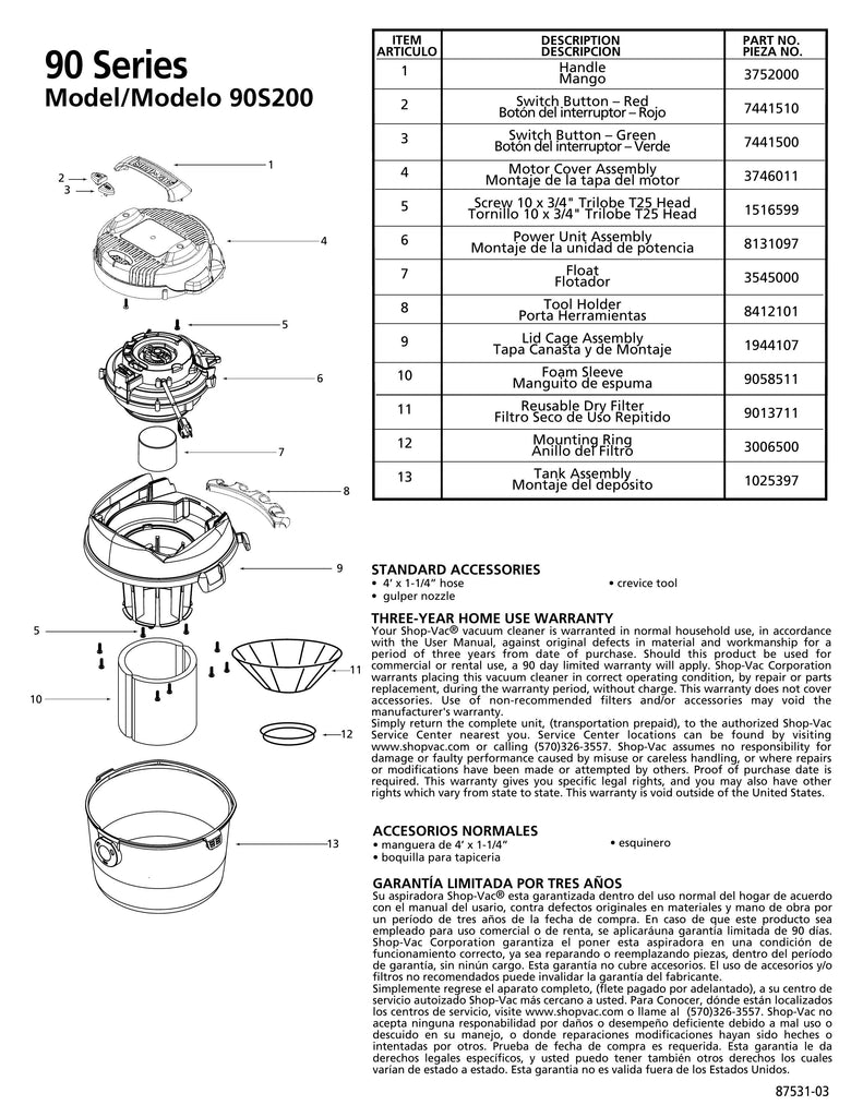 Shop-Vac Parts List for 90S200 Models (2.5 Gallon* Blue / Gray Portable Vac)