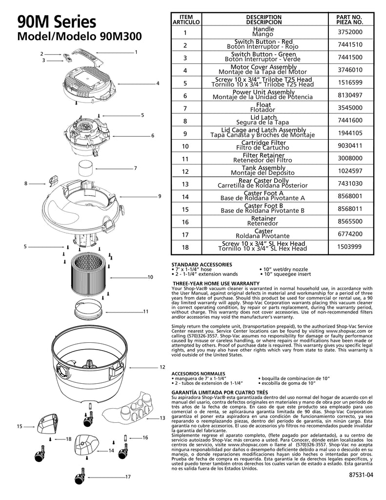 Shop-Vac Parts List for SZ12-350A Models (6 Gallon* 3.5 Peak HP** Wet/