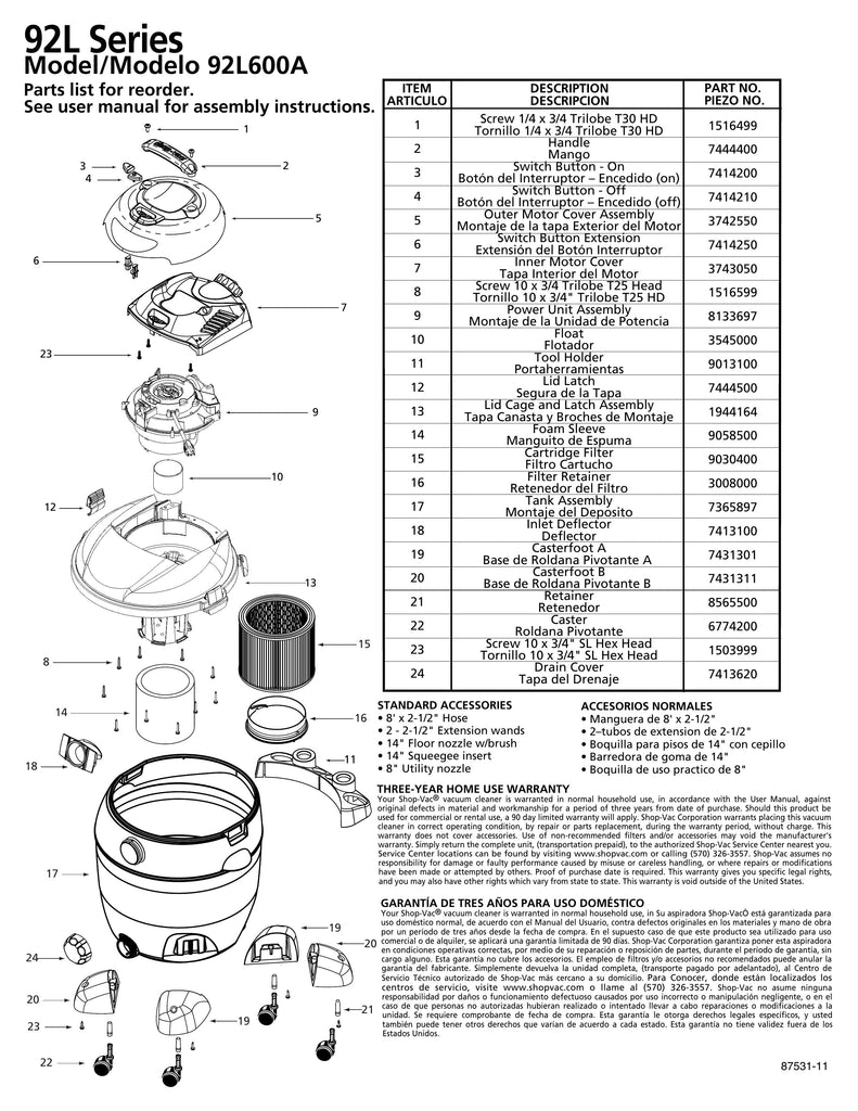 Shop-Vac Parts List for 92L600A Models (16 Gallon* Red / Black Vac)