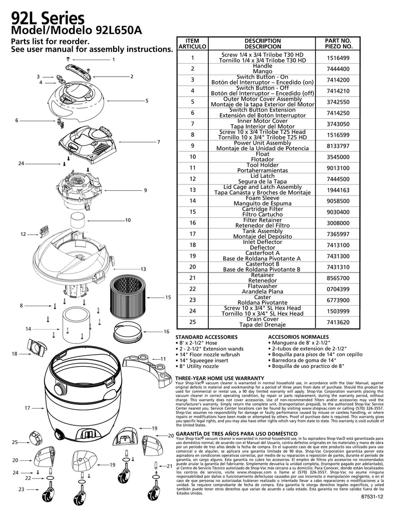 Shop-Vac Parts List for 92L650A Models (20 Gallon* Vac)