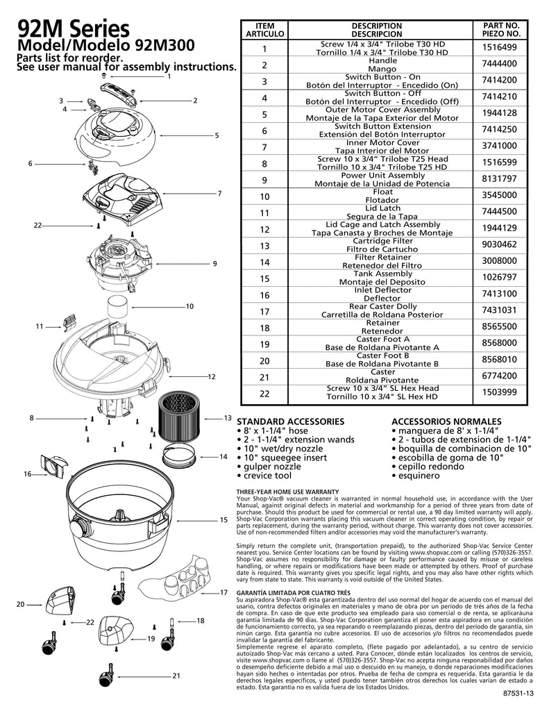 Shop-Vac Parts List for 92M300 Models (6 Gallon* Vac)